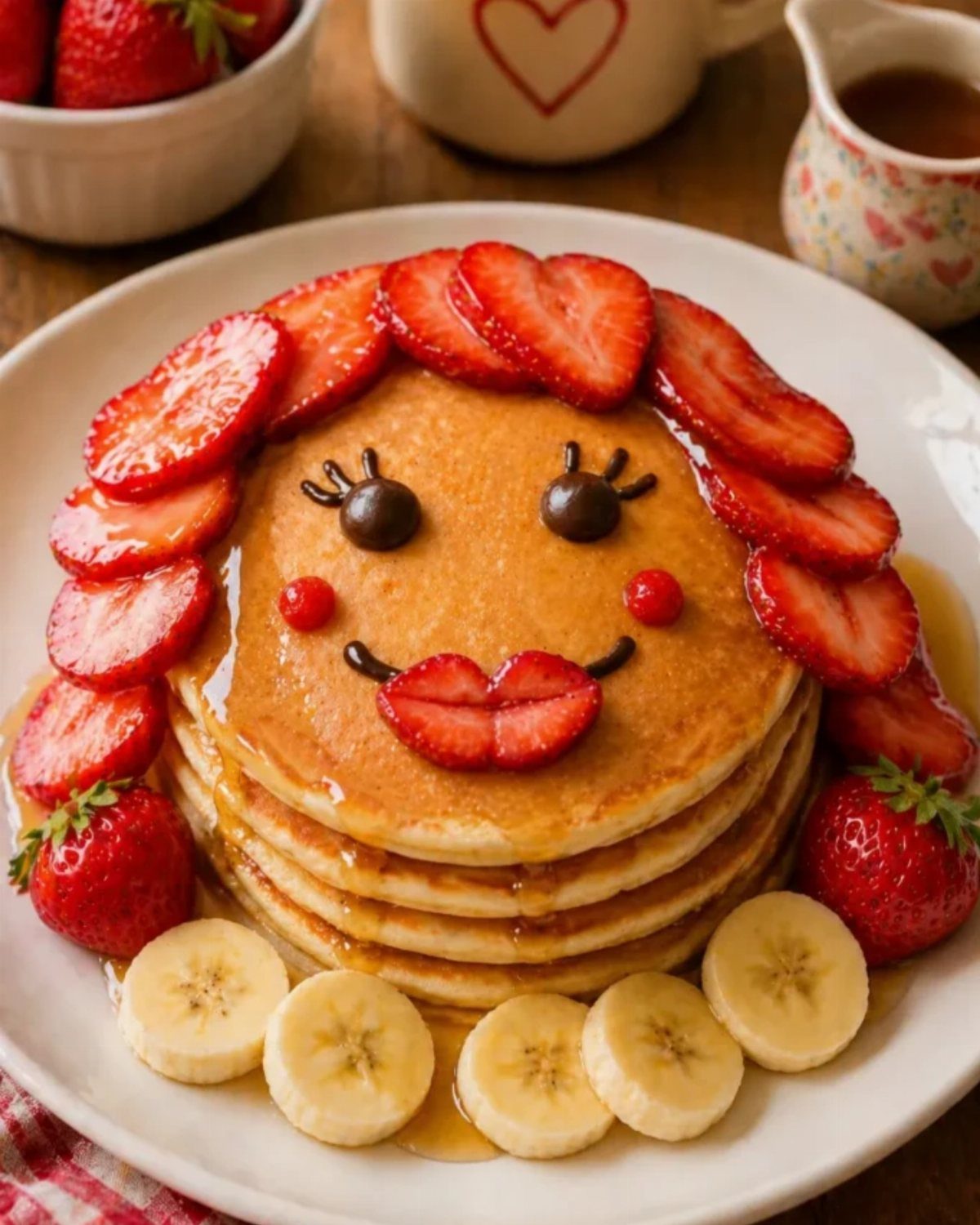 Pancake stack decorated with strawberries and bananas to look like a smiling face.