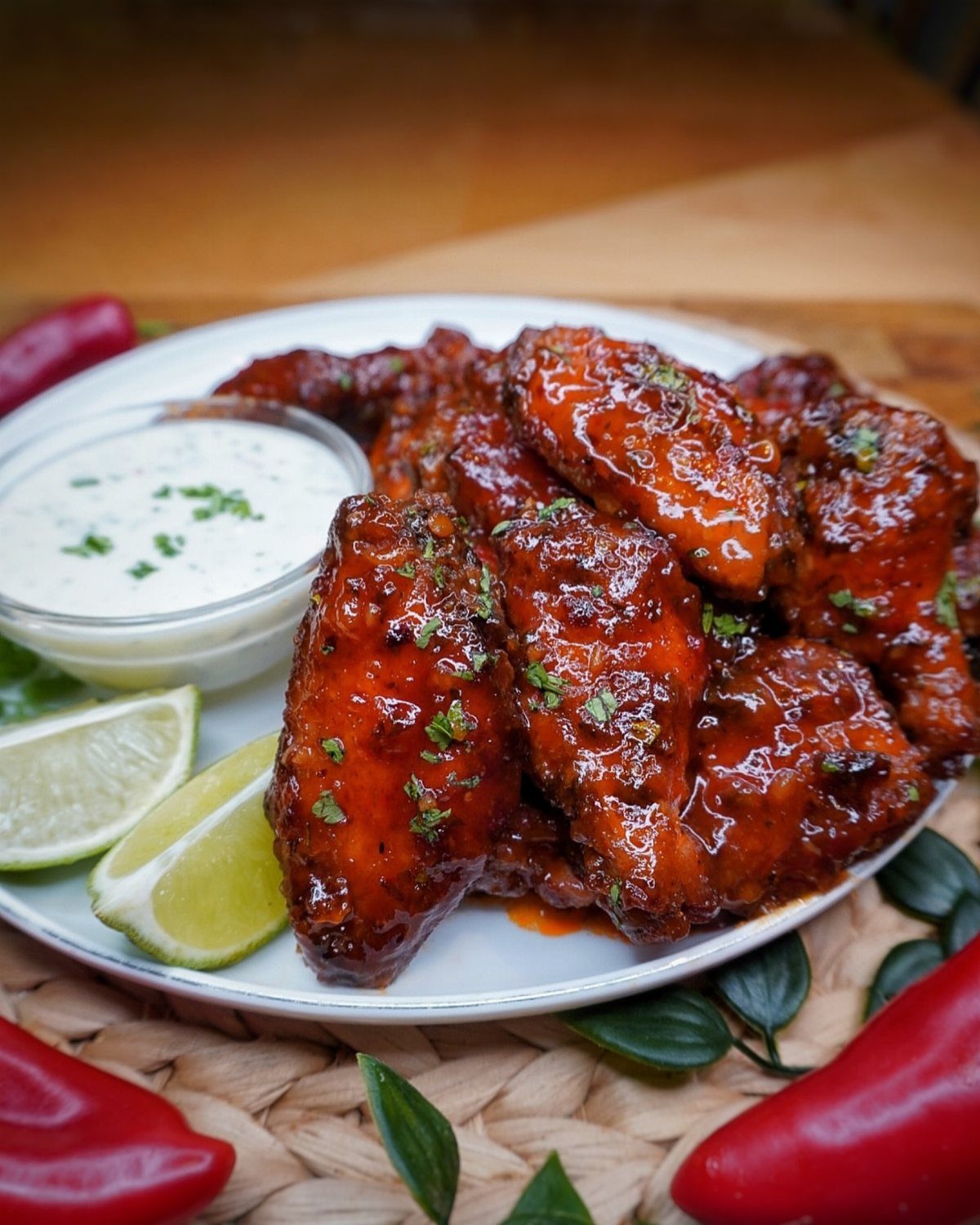 Glazed buffalo chicken wings on a white plate with dipping sauce and lime.