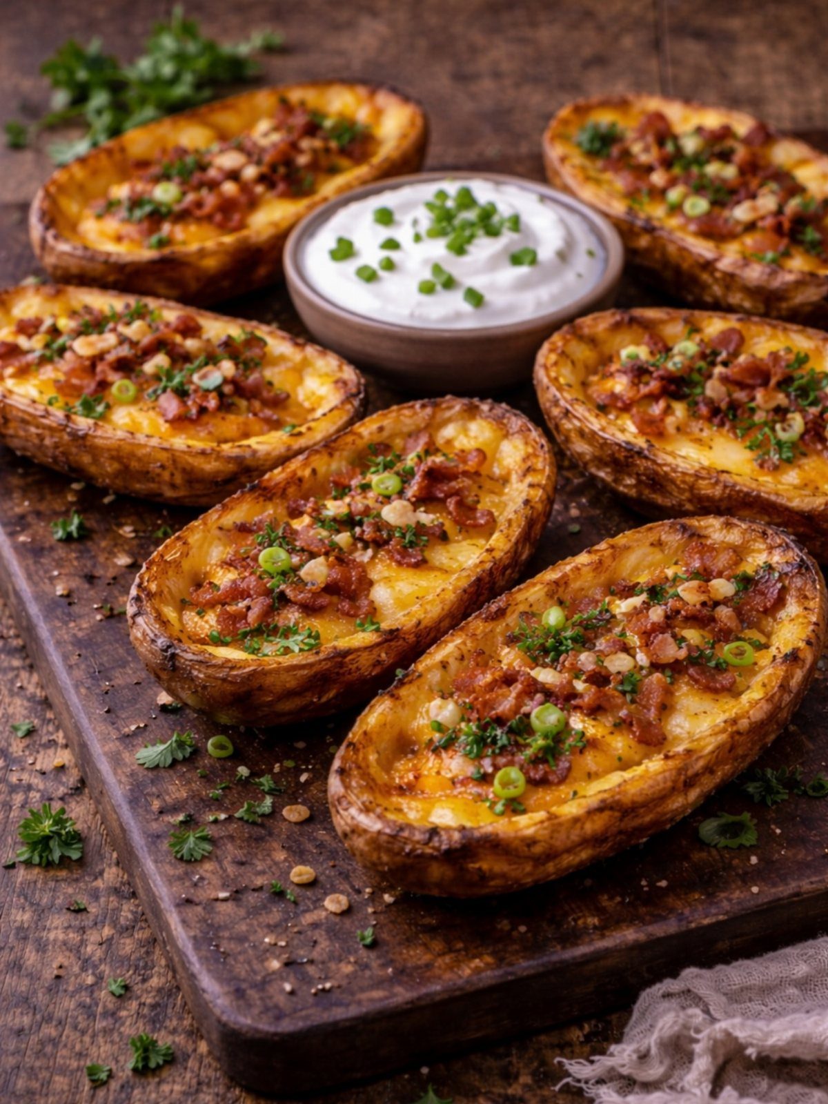 Potato skins topped with melted cheese and bacon served with dipping sauce.