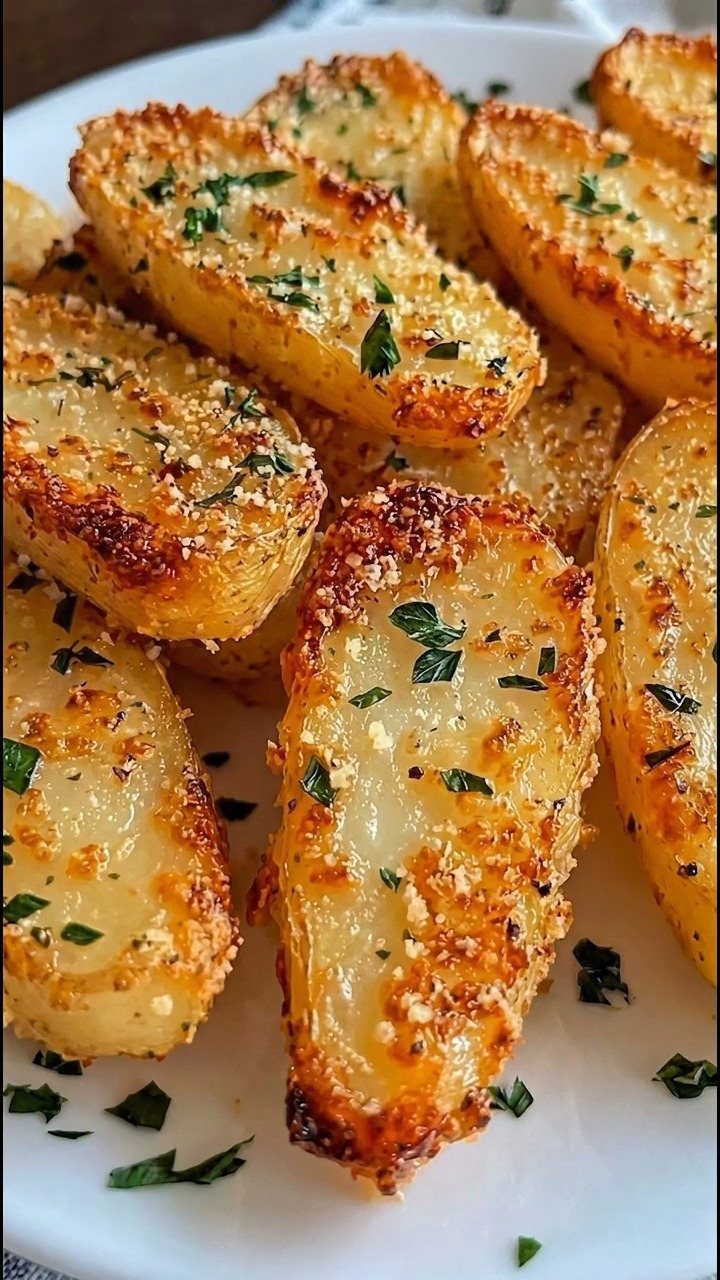 Roasted potato wedges with a crispy parmesan coating and fresh parsley garnish.