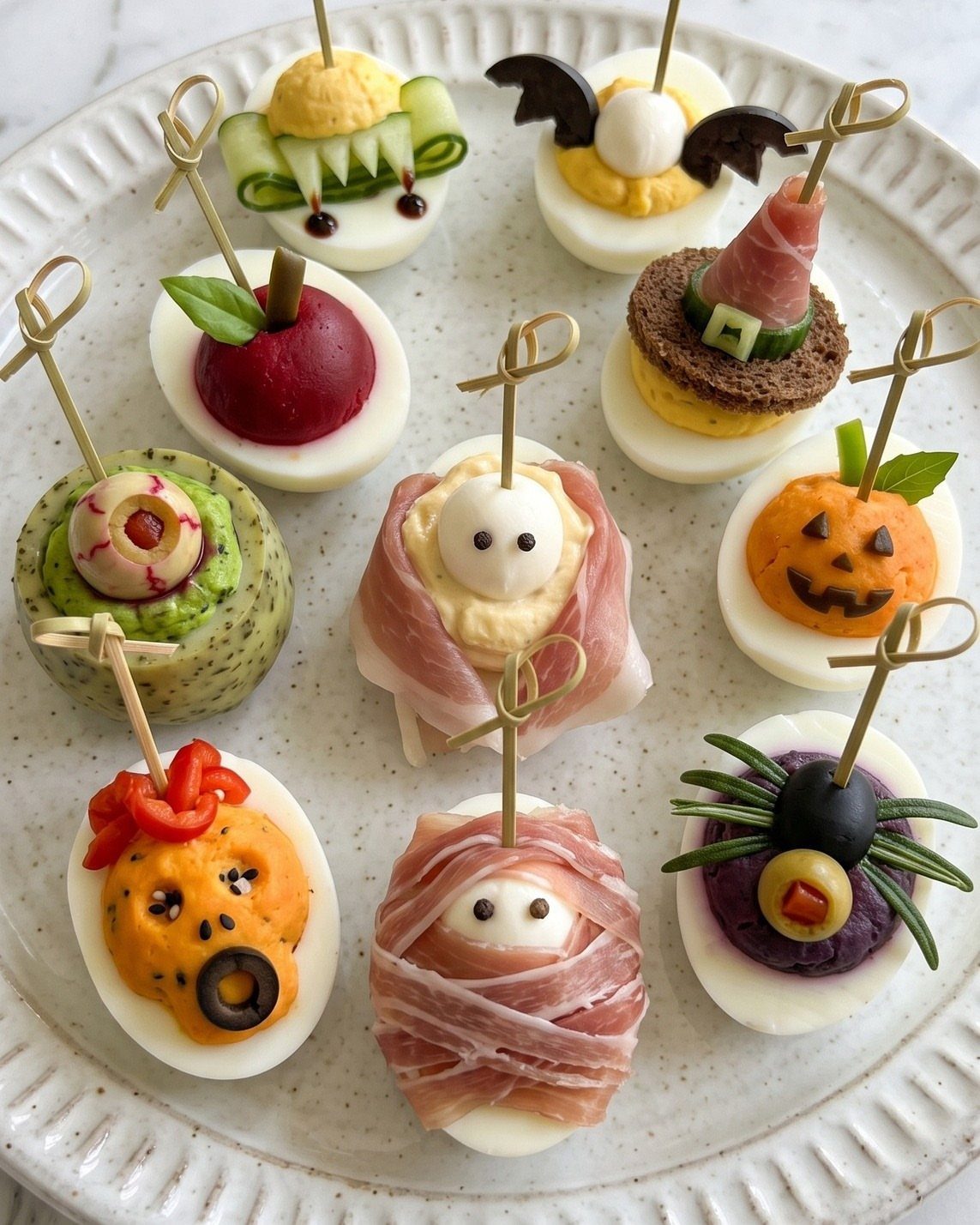 Halloween themed deviled eggs decorated as monsters on a white ceramic platter