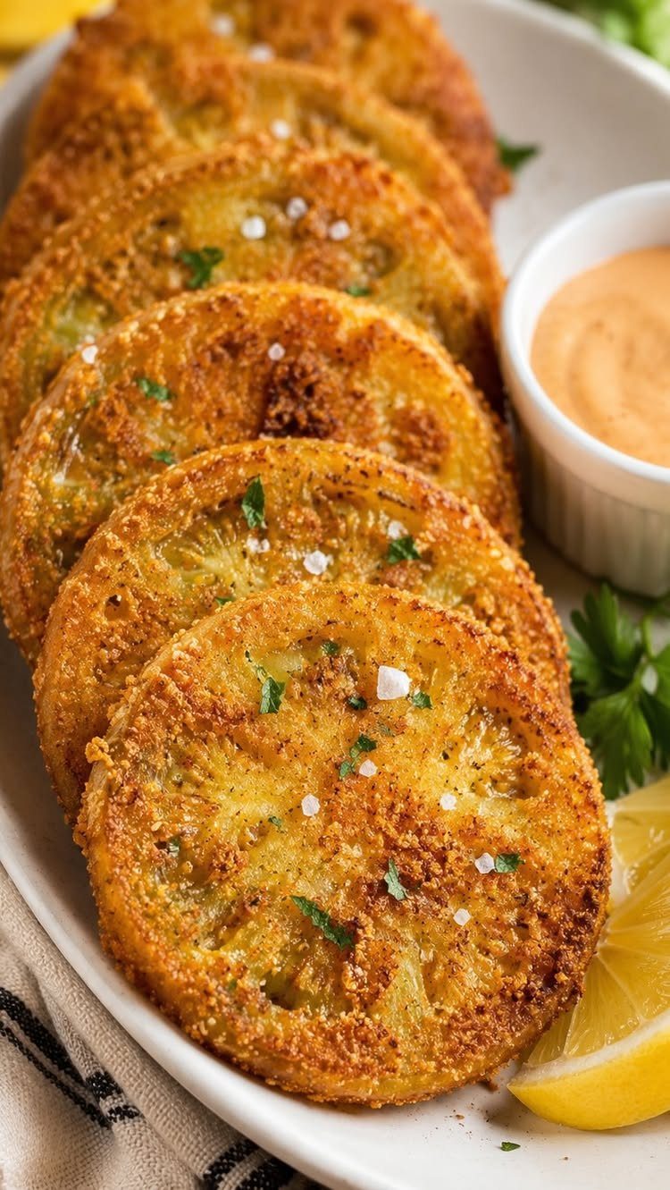 Fried green tomato slices on a white platter with dipping sauce and lemon.
