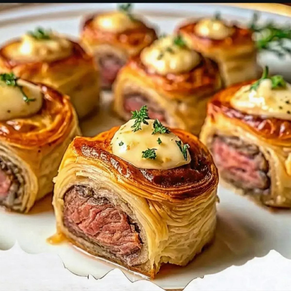 Mini beef Wellington bites with flaky pastry and creamy sauce on white plate