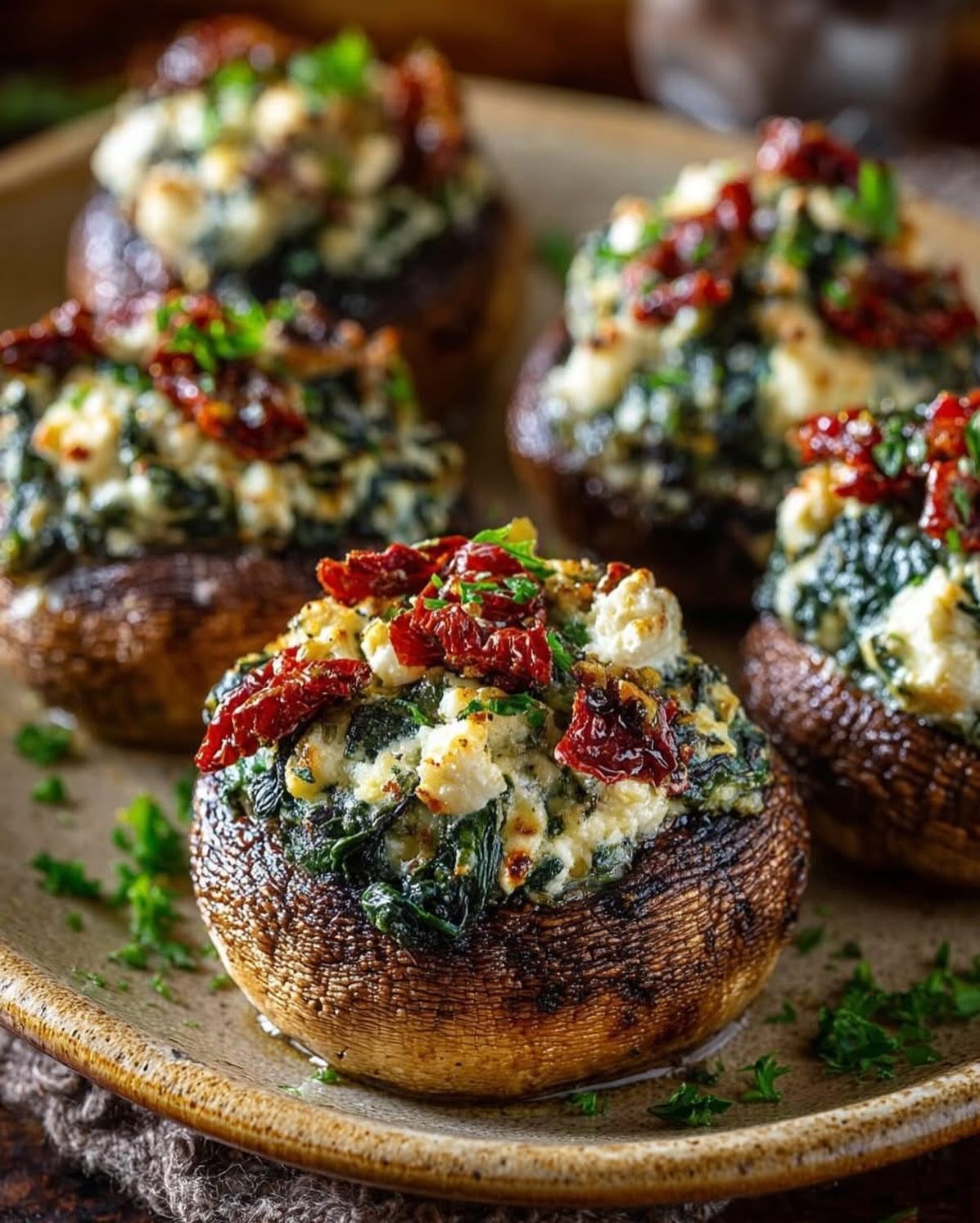 Roasted mushroom caps filled with creamy spinach and topped with sun-dried tomatoes.