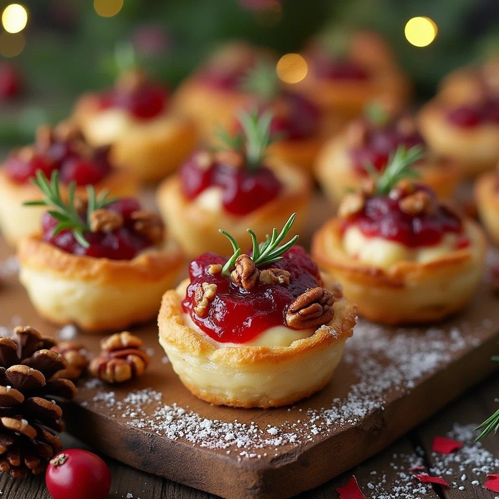 Cranberry brie bites in pastry cups topped with pecans and rosemary on wood.