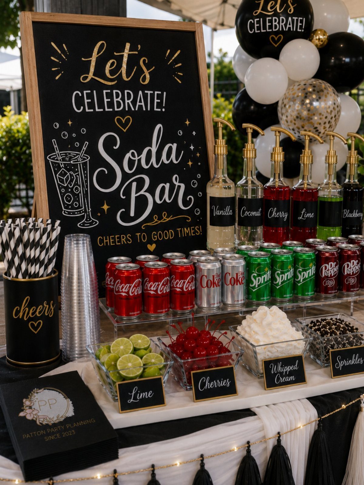 Soda bar setup with a chalkboard sign, soda cans, syrups, and toppings.