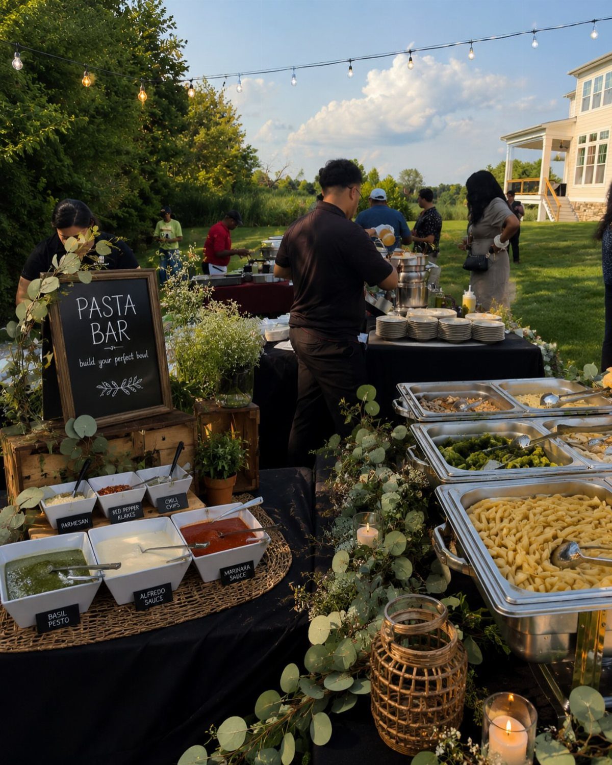 Outdoor pasta bar buffet with silver chafing dishes, sauces, and a chalkboard sign.