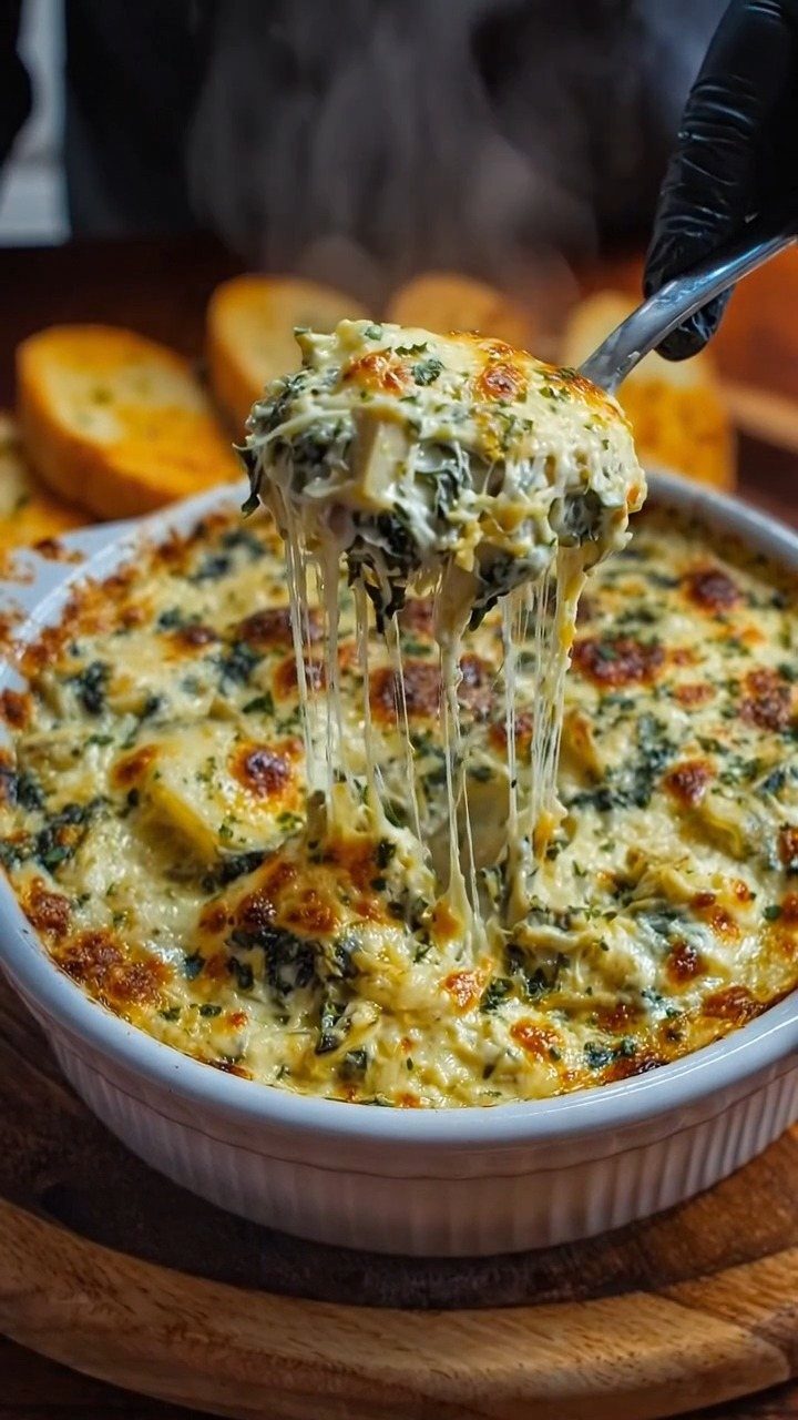 Spinach artichoke dip in a white dish with melted cheese being scooped up.