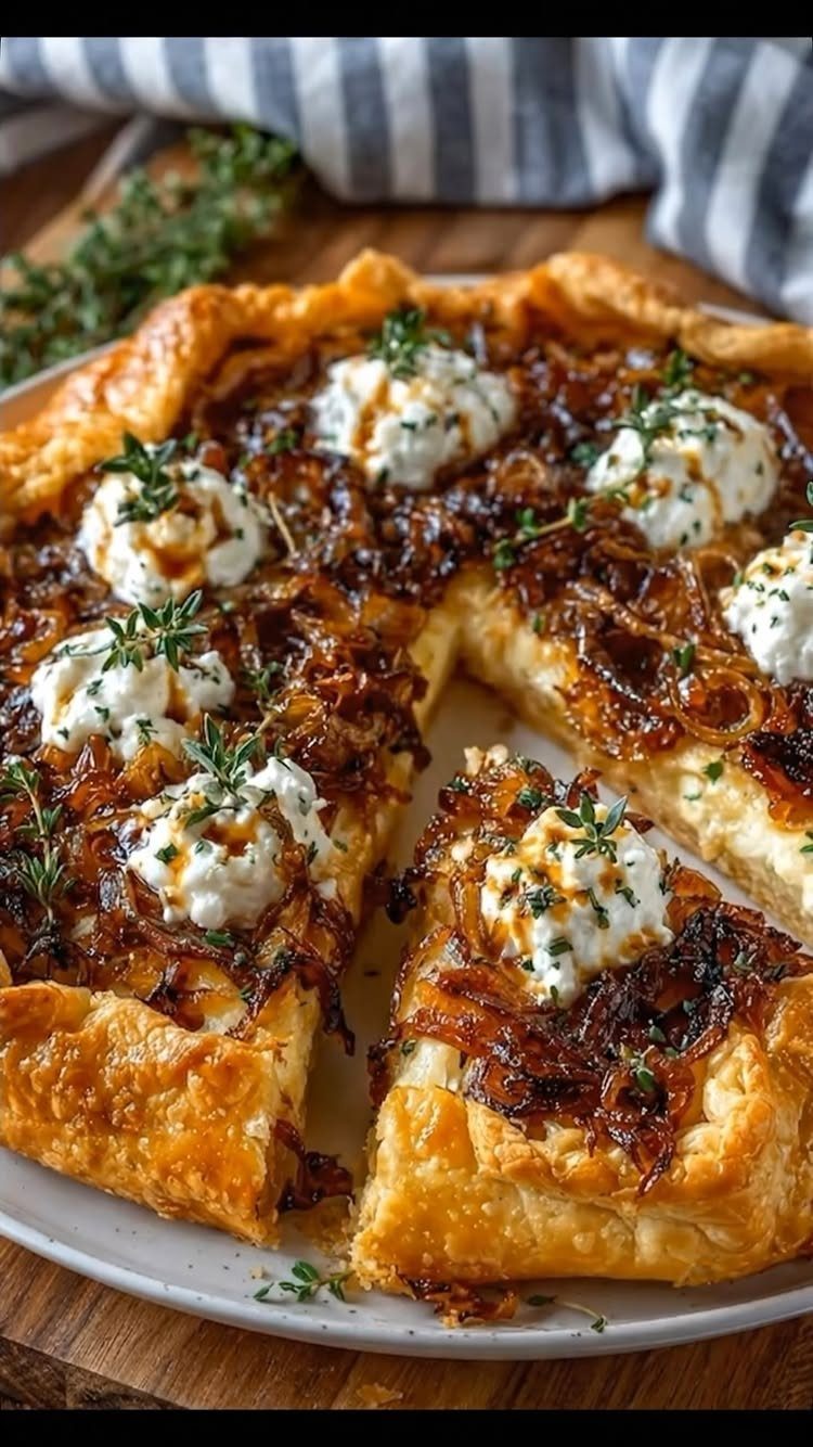 Puff pastry tart with caramelized onions and goat cheese topped with fresh thyme.