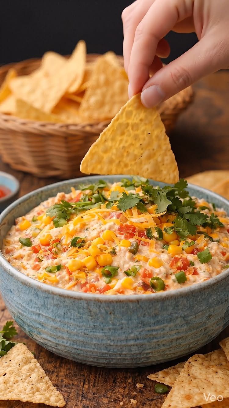 Creamy corn and pepper dip in a blue bowl with tortilla chips.