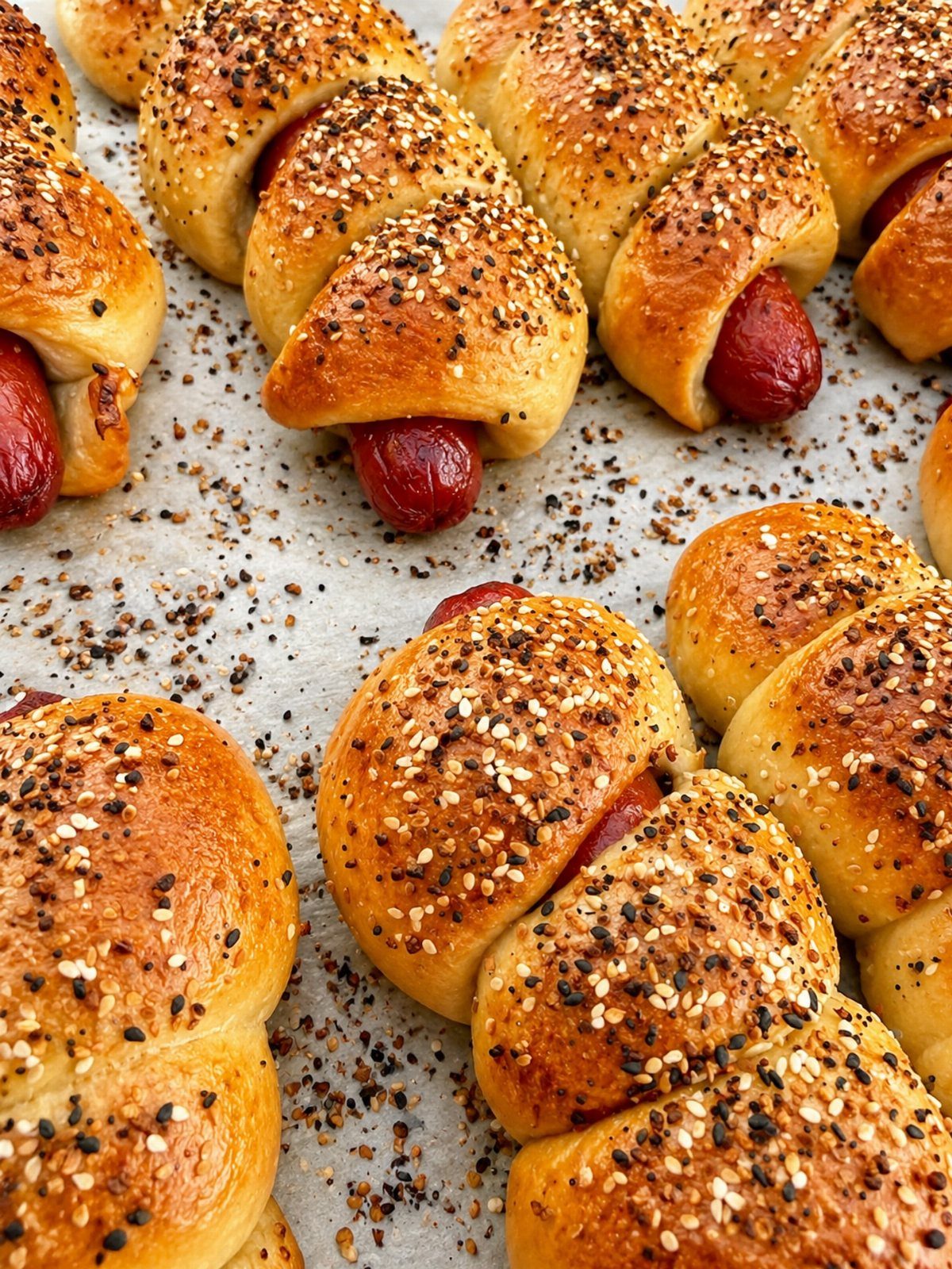 Mini sausages wrapped in golden-brown seeded dough on a baking sheet.