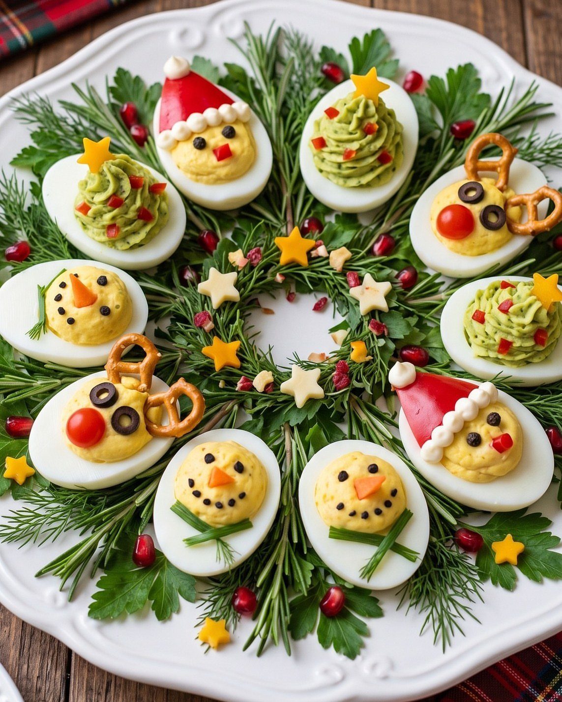 Deviled eggs decorated as Christmas characters on a platter with fresh herbs.