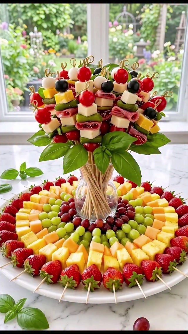 Fruit and cheese platter with skewers arranged in a vase and circular tray.