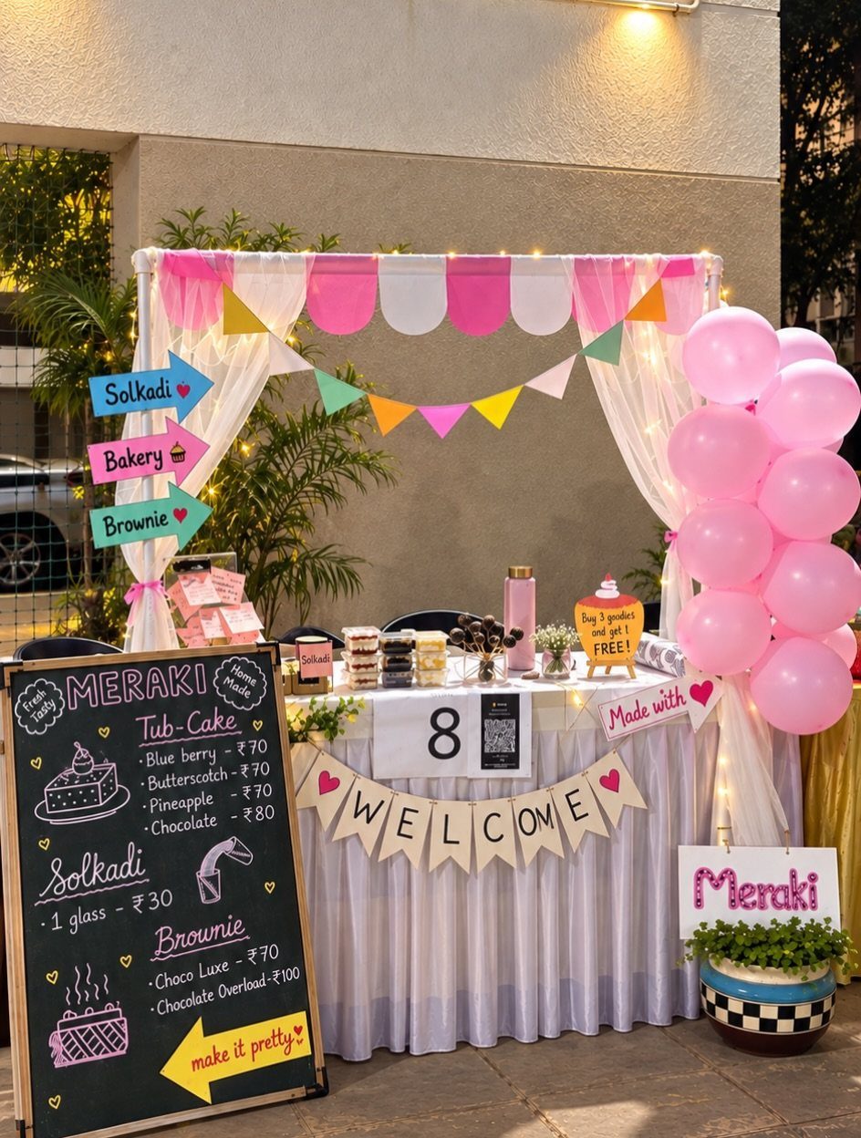 Decorated party food table with a chalkboard menu and colorful food labels.