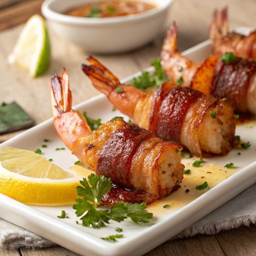Bacon-wrapped shrimp on a white platter with lemon wedges and fresh parsley garnish.