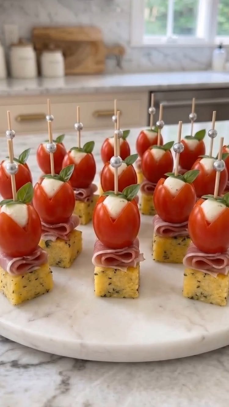 Polenta and caprese skewers with cherry tomatoes and mozzarella on a marble platter.