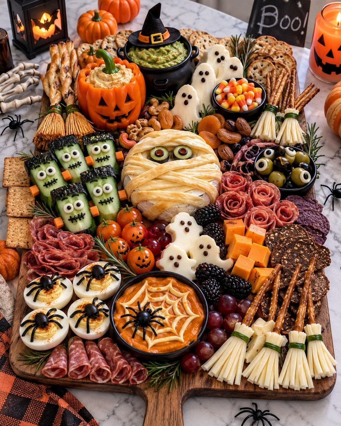 Halloween charcuterie board with spider deviled eggs, mummy brie, and spooky themed snacks.