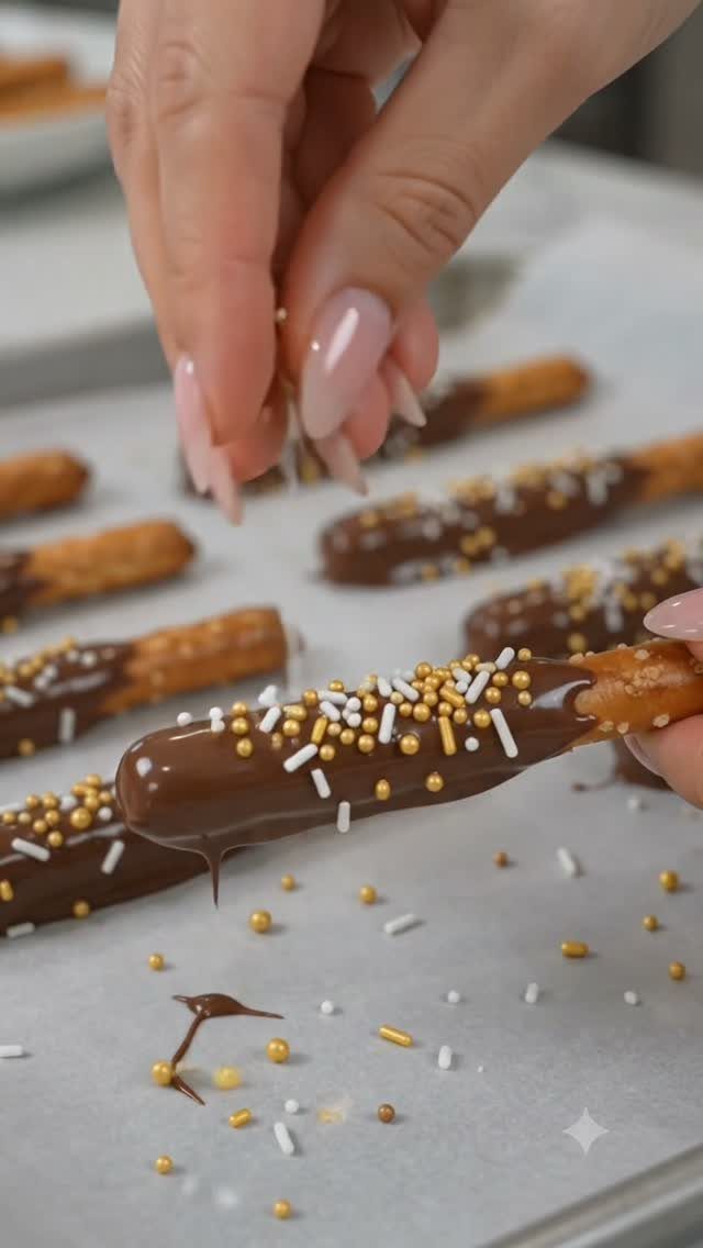 Chocolate-covered pretzel rods being decorated with gold and white sprinkles on parchment paper.