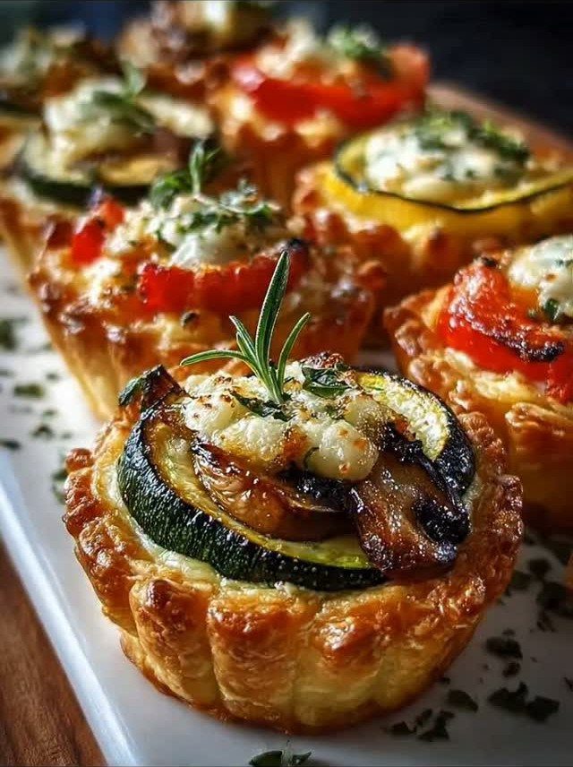 Mini savory tarts with zucchini and red peppers on a white platter