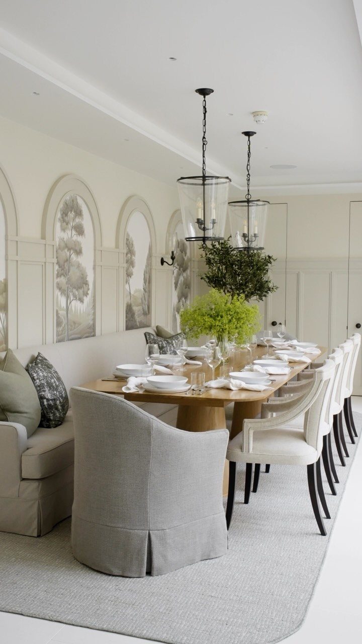 Two large glass lanterns hanging over a decorated wooden dining table with greenery.