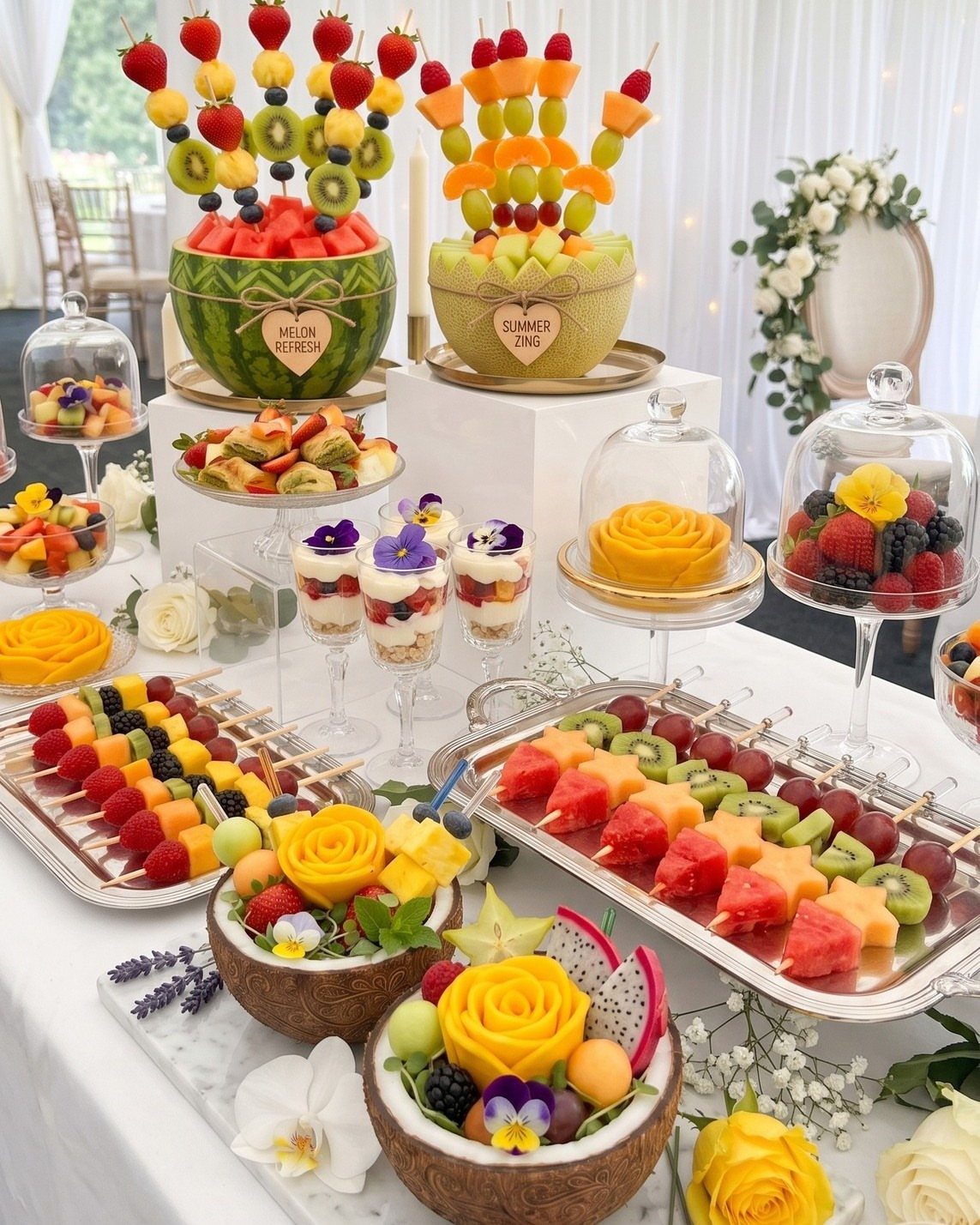 Fruit platters and carved melons on a white table with yellow roses.