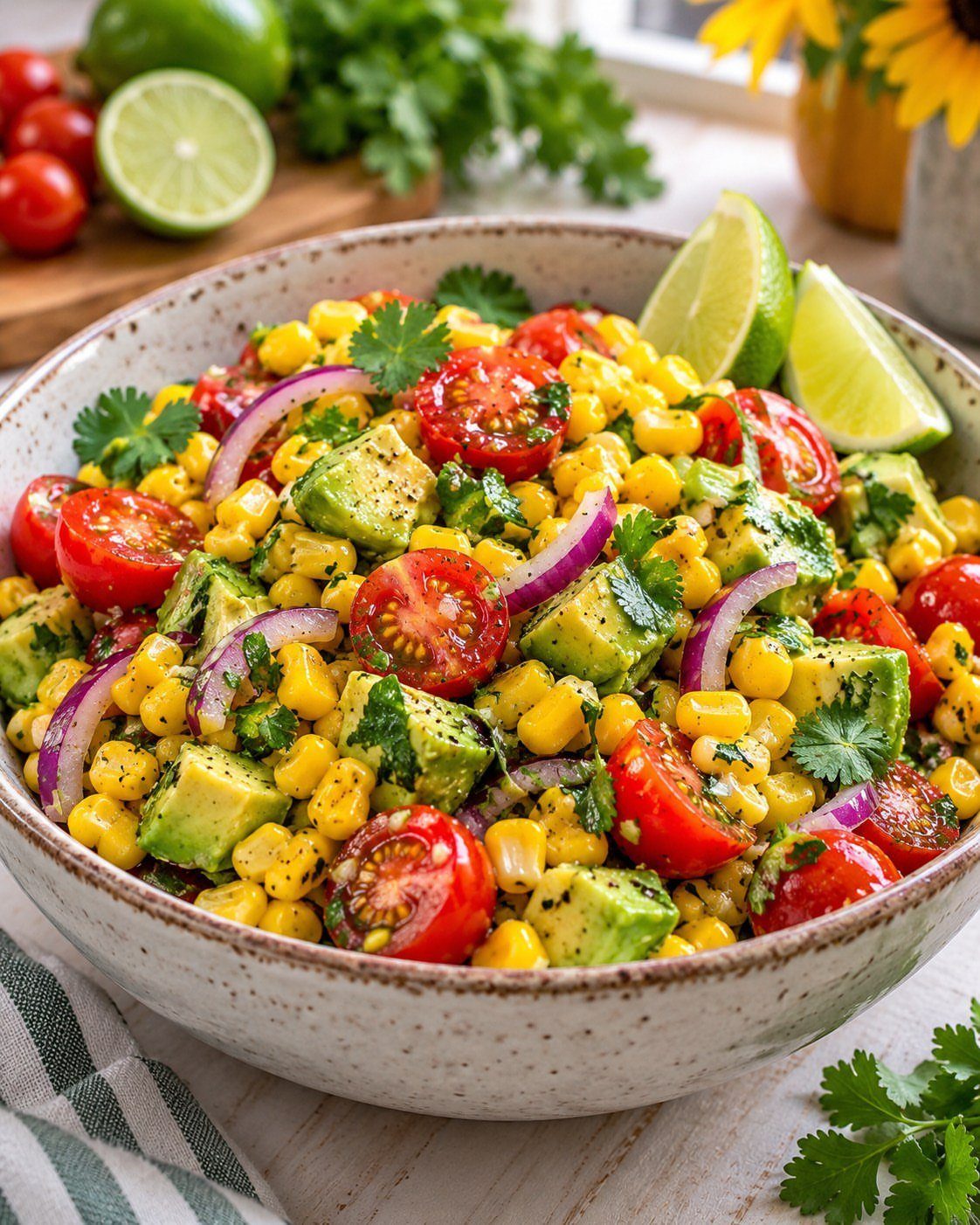 Avocado corn salad with cherry tomatoes and red onion in a ceramic bowl.