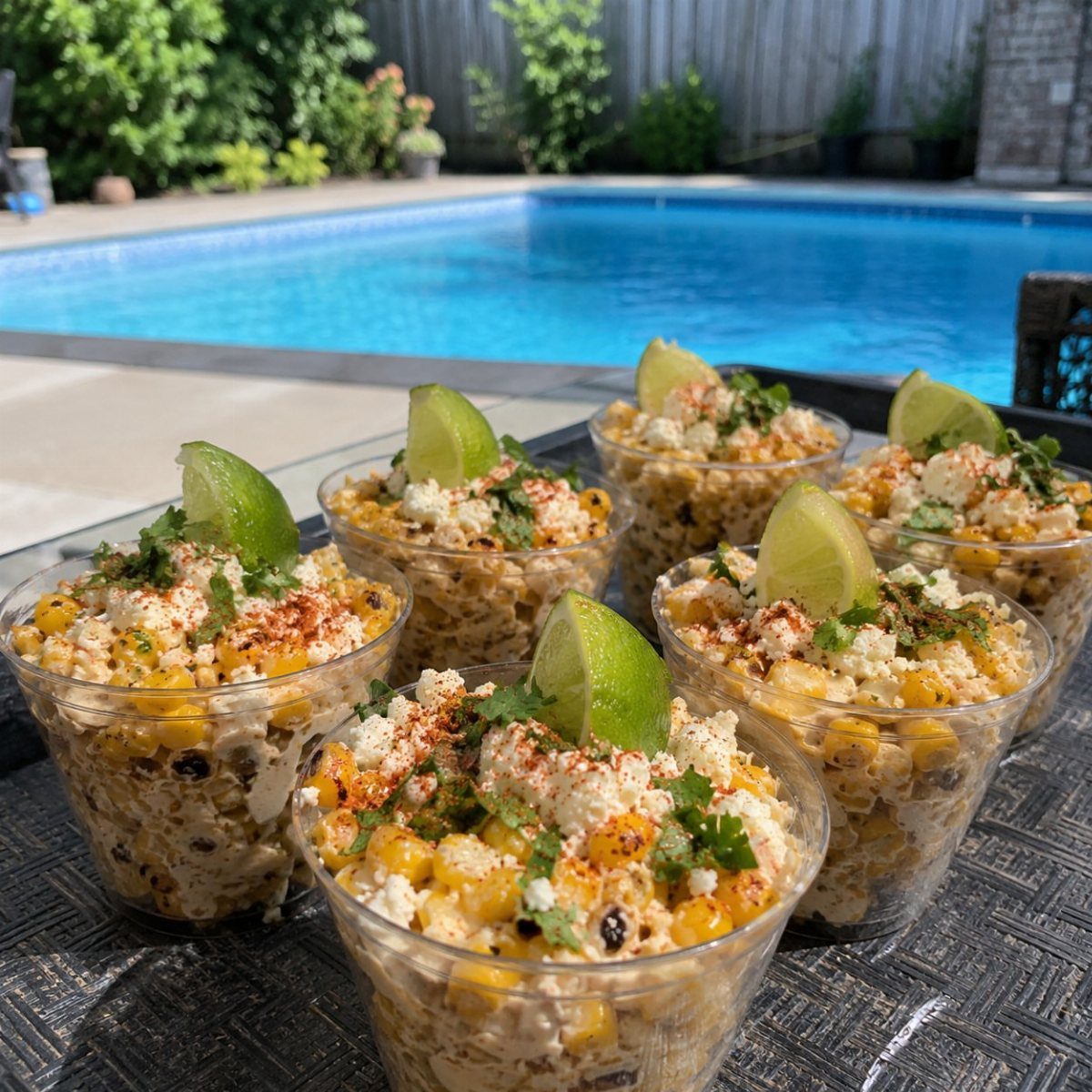 Corn salad in clear plastic cups topped with lime, cheese, and cilantro by a pool