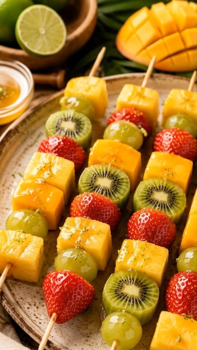 Fruit skewers with mango, kiwi, strawberries, and grapes on a ceramic platter.