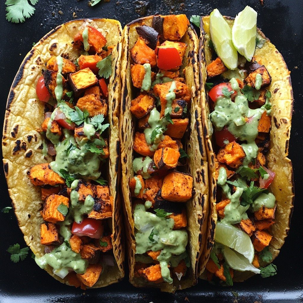 Three sweet potato tacos topped with avocado crema, tomatoes, and cilantro with lime wedges.