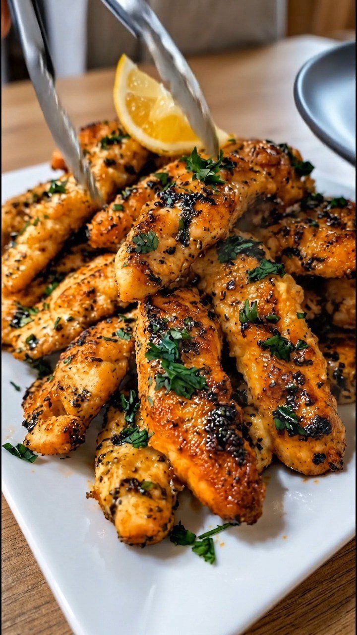 Breaded chicken tenders on a white plate with parsley and a lemon wedge.