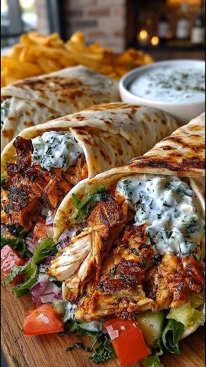 Grilled chicken shawarma wraps with fresh vegetables and white sauce on wooden board