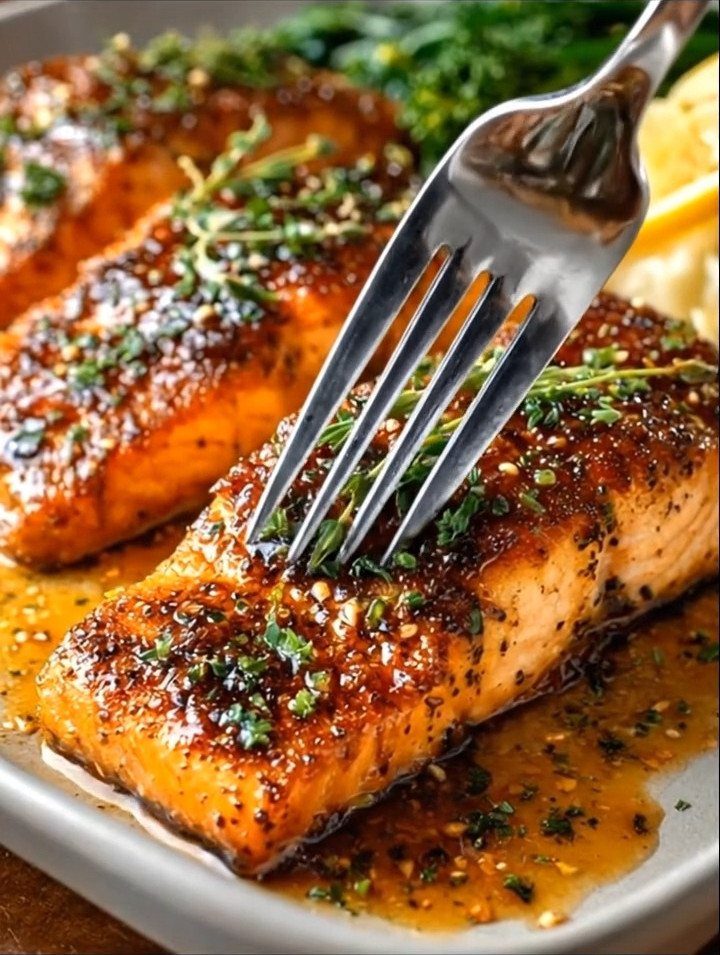 Glazed salmon fillets with herbs and sesame seeds being poked by a fork