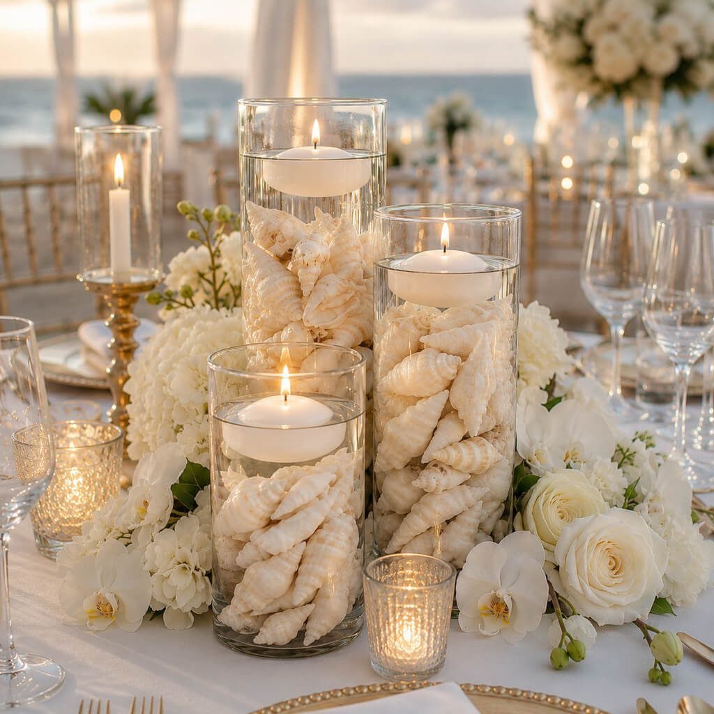 Glass vases with seashells and floating candles surrounded by white floral arrangements.