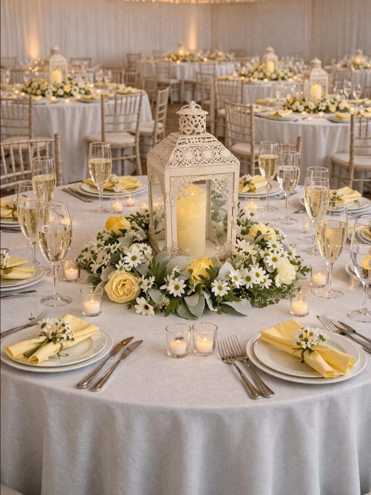 White ornate lantern centerpiece with yellow flowers on a formal dinner table