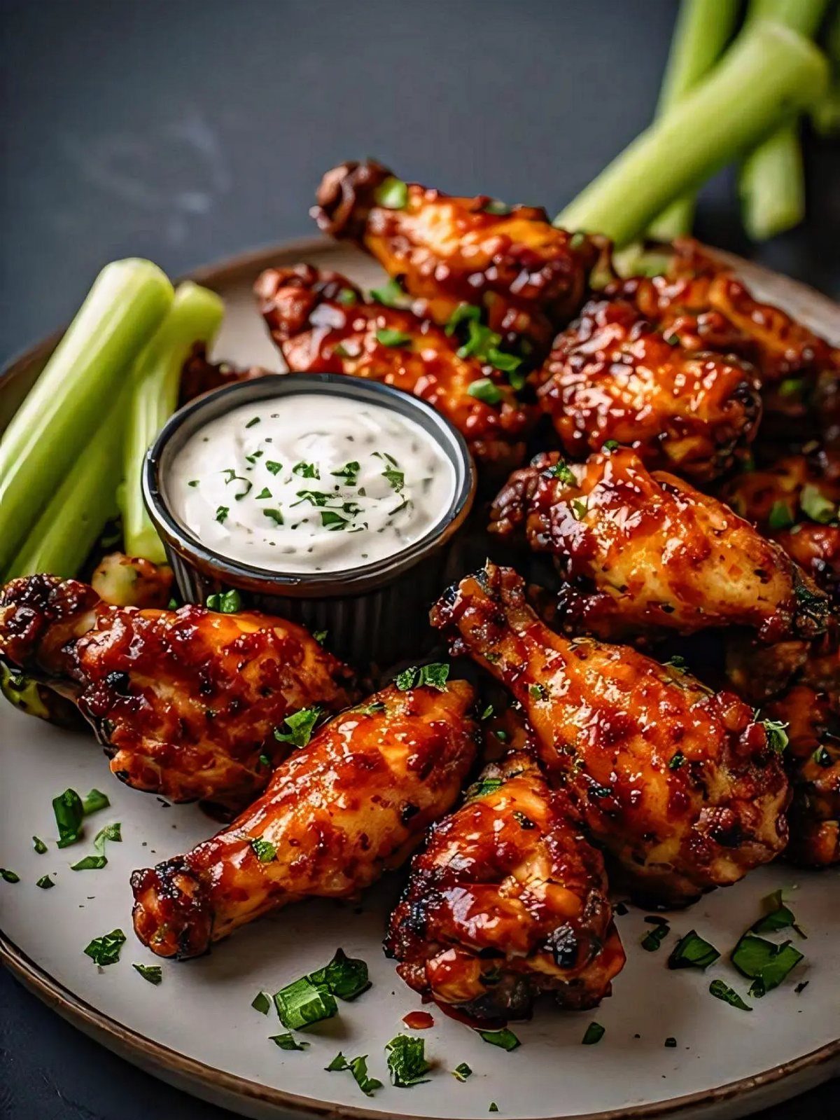Glazed buffalo chicken wings with a white dipping sauce and celery sticks.