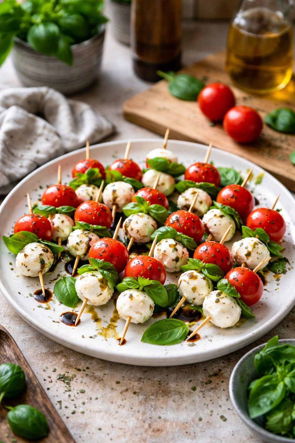 Caprese salad skewers with cherry tomatoes, mozzarella, and basil on a white plate