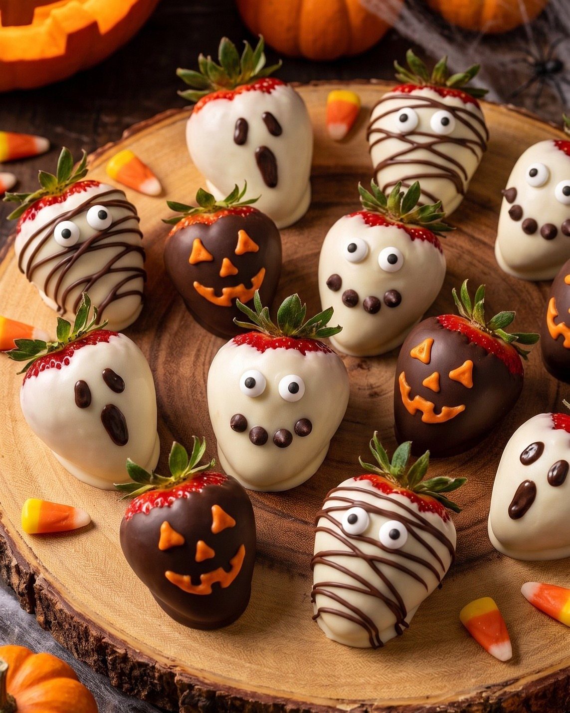 Halloween decorated chocolate-dipped strawberries on a wooden platter with candy corn and pumpkins.