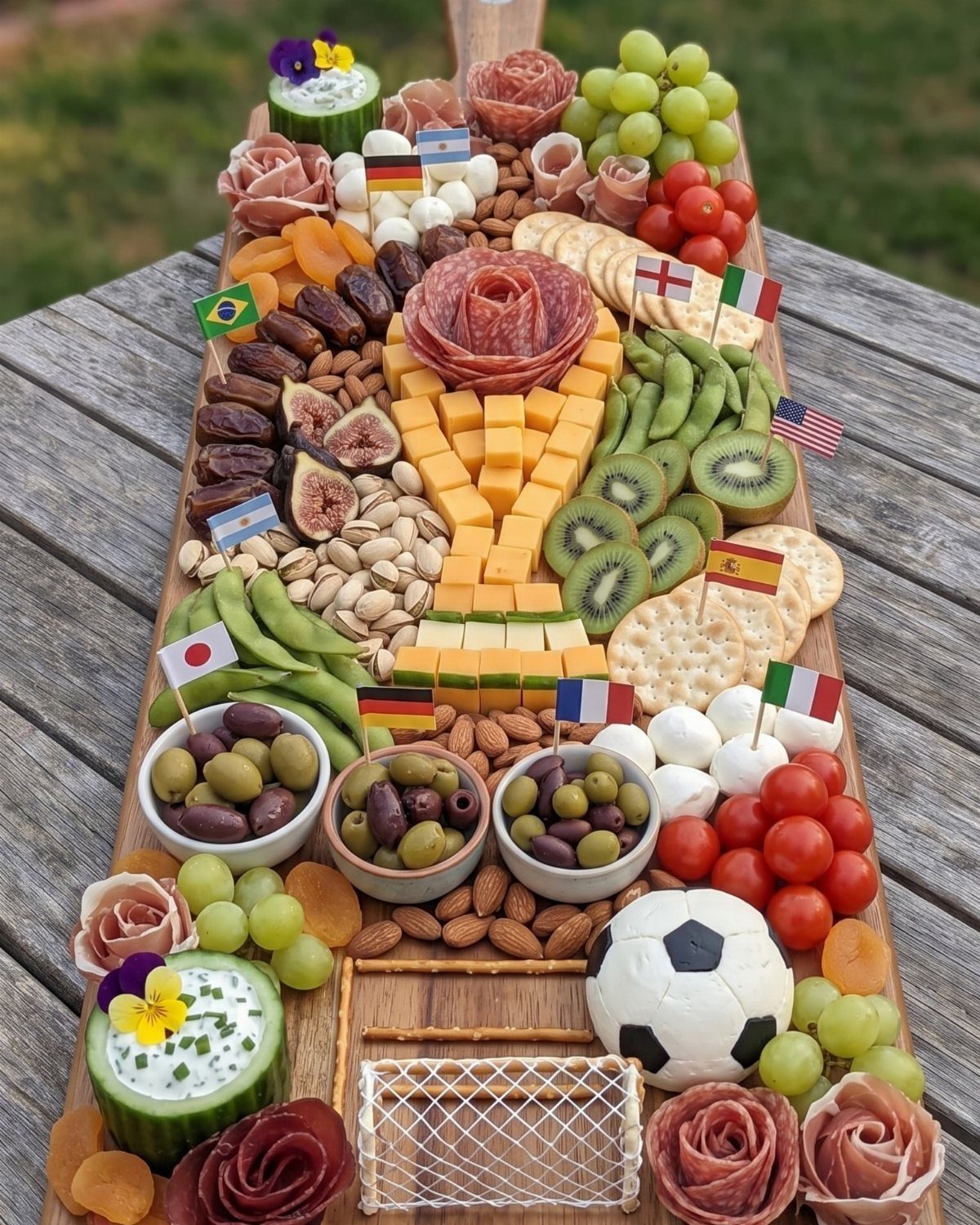 Soccer themed charcuterie board with cheese trophy, fruits, meats, and a small soccer ball.