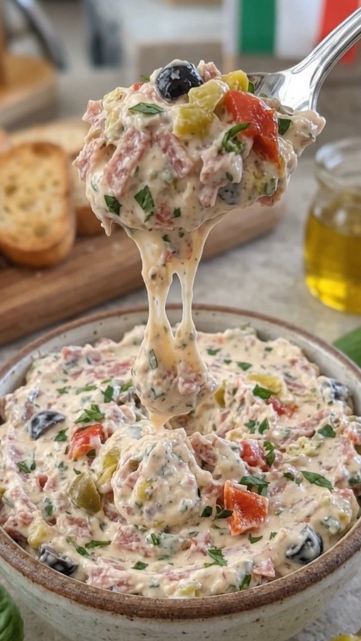 Creamy chunky dip with olives and peppers being lifted by a silver spoon