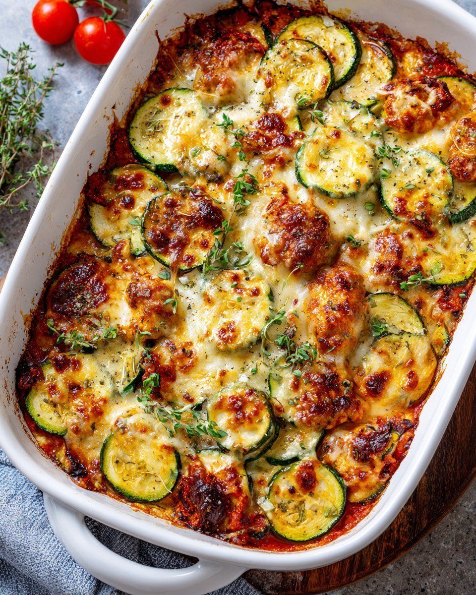 Baked zucchini and cheese casserole in a white dish with cherry tomatoes.
