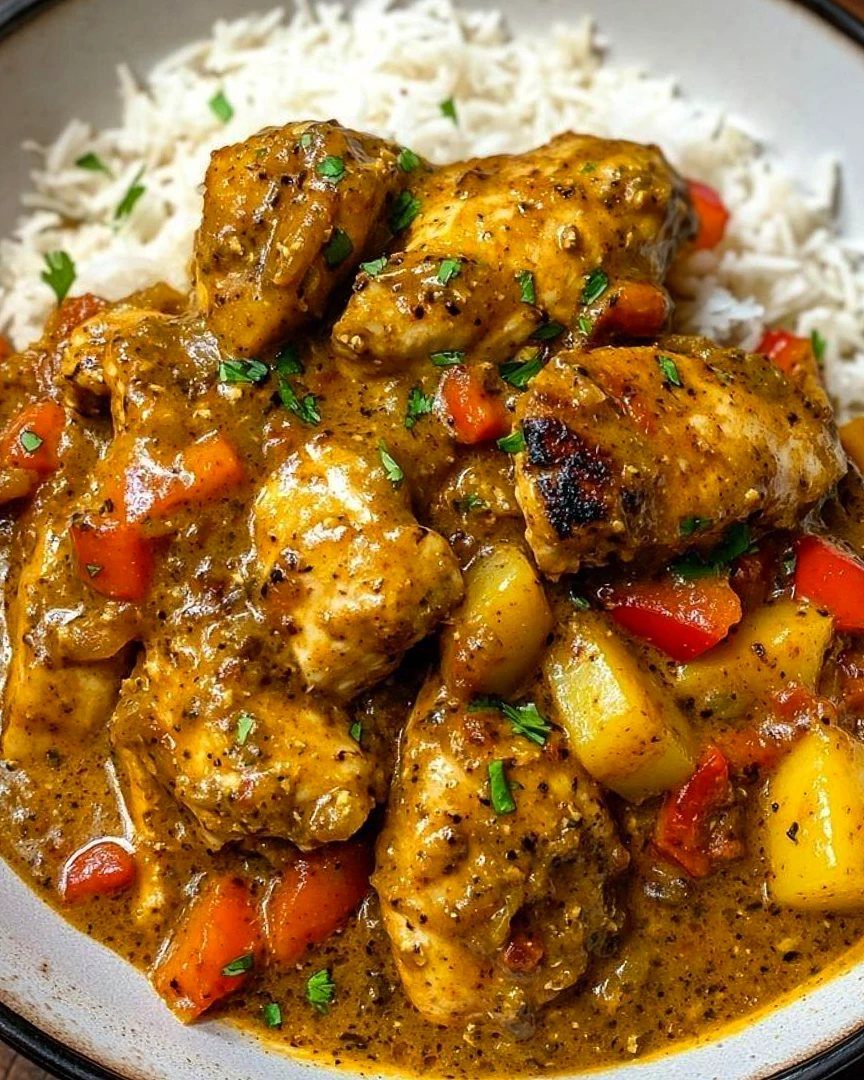 Seasoned chicken and potatoes in a savory sauce served over white rice.