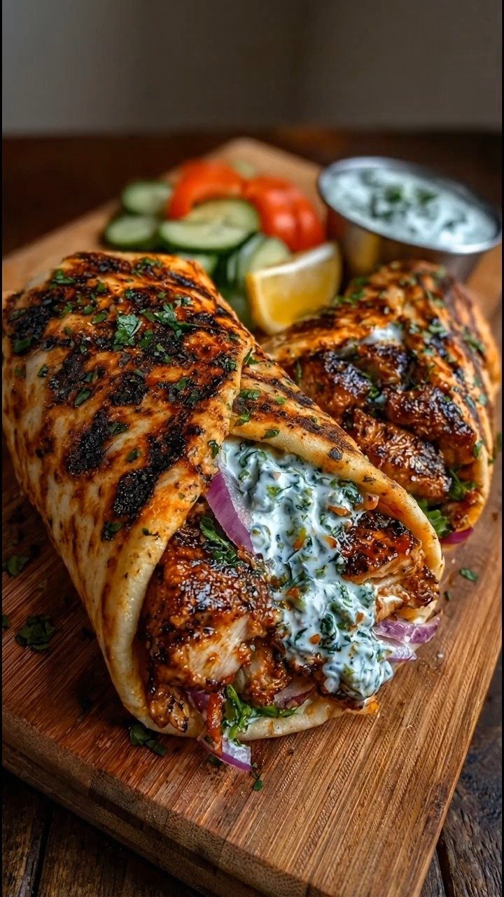 Grilled chicken gyros in charred pita with tzatziki, cucumbers, and tomatoes on wood.