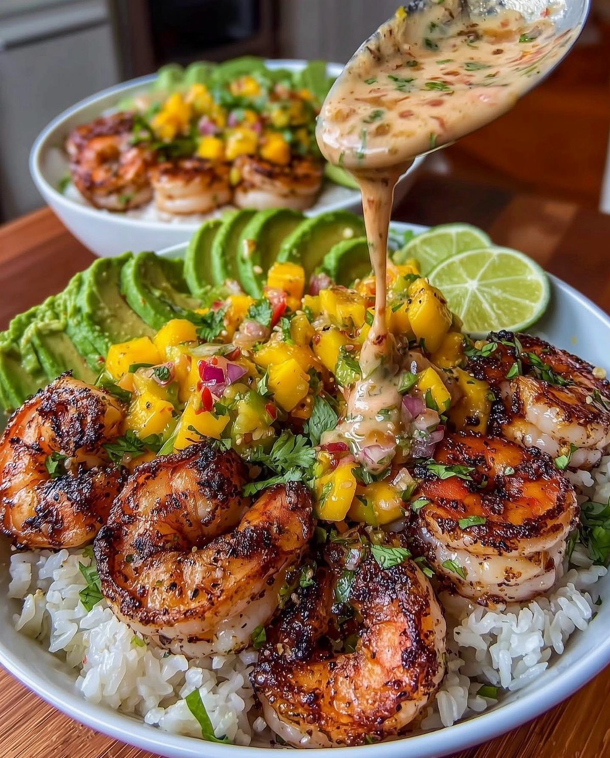 Grilled shrimp on white rice with mango salsa, avocado, and creamy sauce.