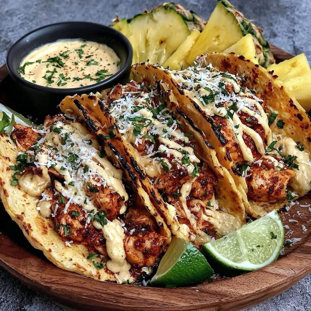 Chicken tacos with creamy sauce and cheese served with lime and pineapple.