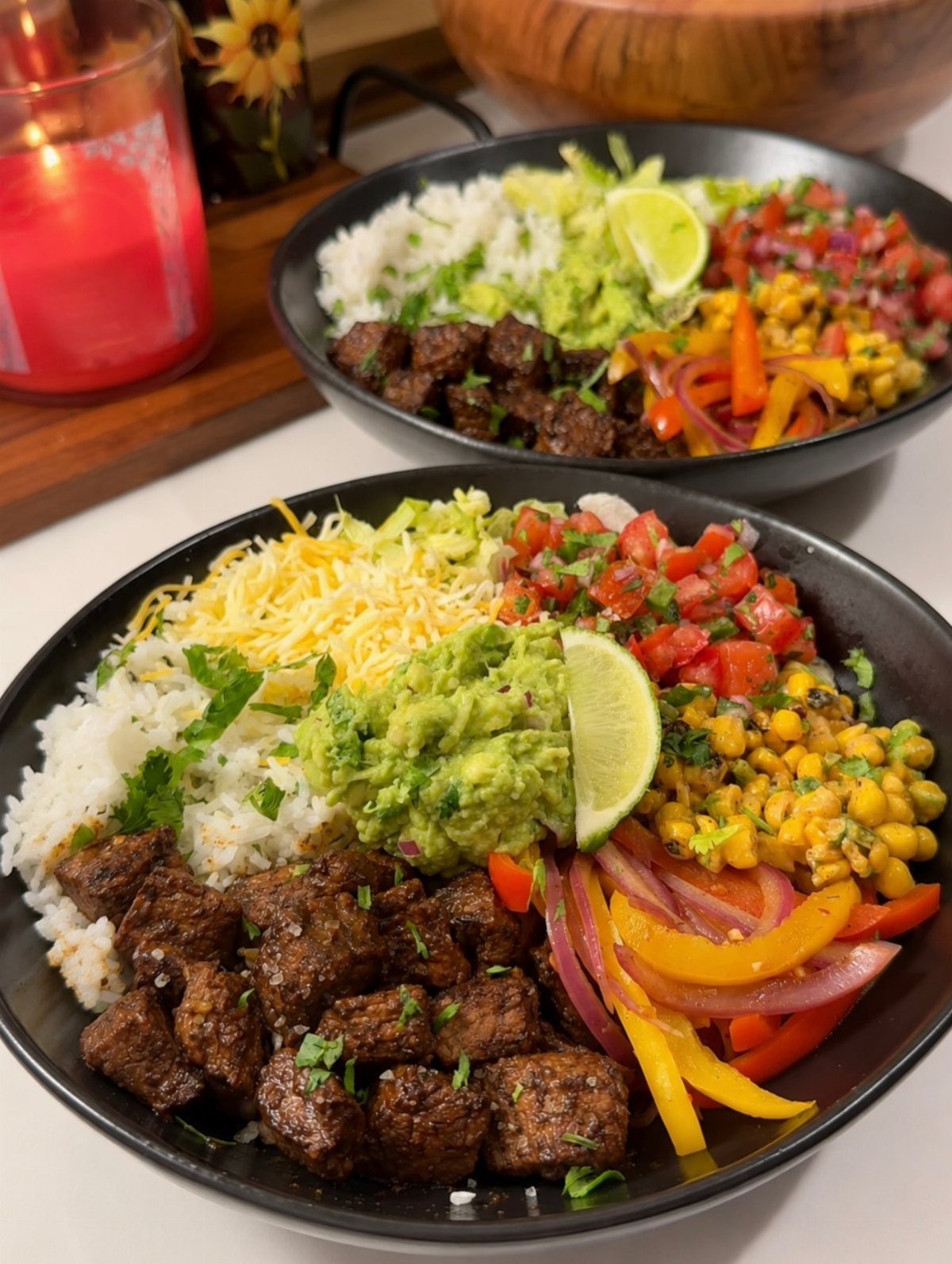 Steak bowls with rice, guacamole, corn, and sautéed peppers in black bowls.