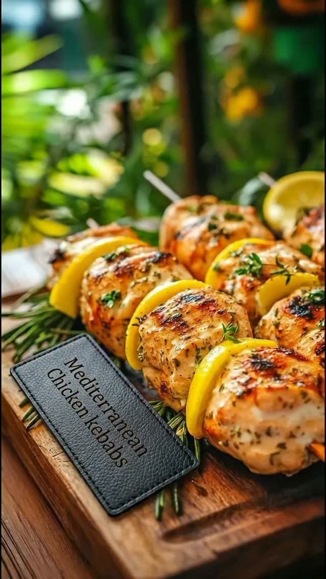Grilled chicken kebabs with lemon slices on a wooden serving board with rosemary.