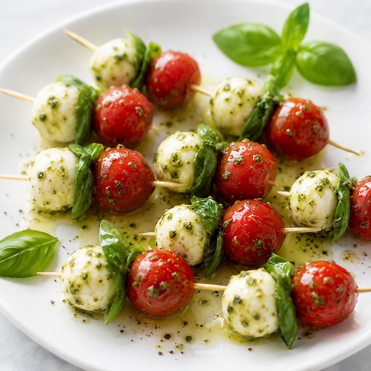 Caprese skewers with cherry tomatoes, mozzarella, and basil on a white plate.
