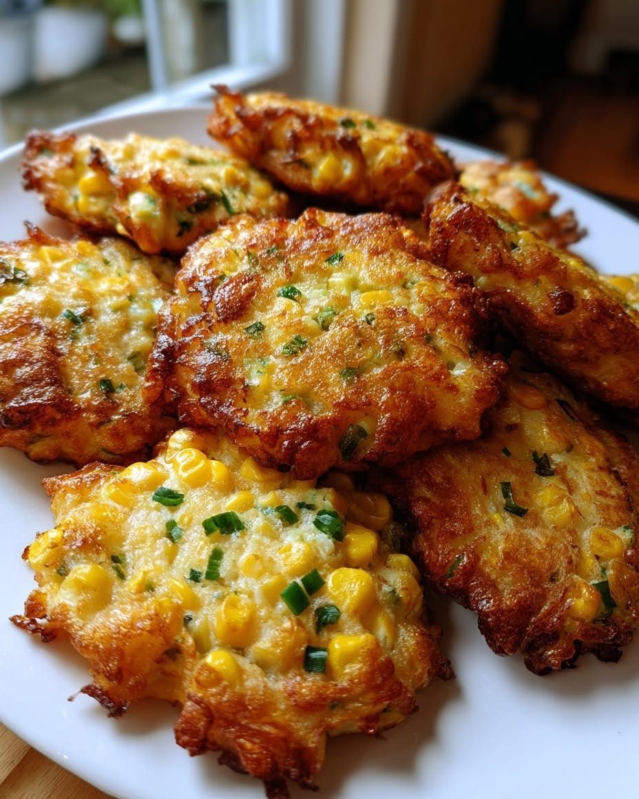 Golden-brown corn fritters with green chives served on a white plate.