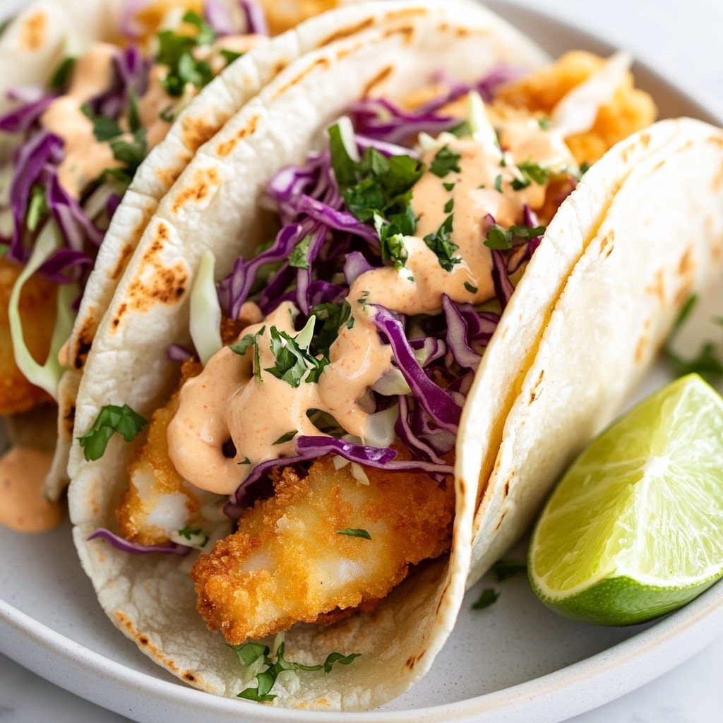 Fried fish tacos with purple cabbage slaw and creamy sauce on a plate.