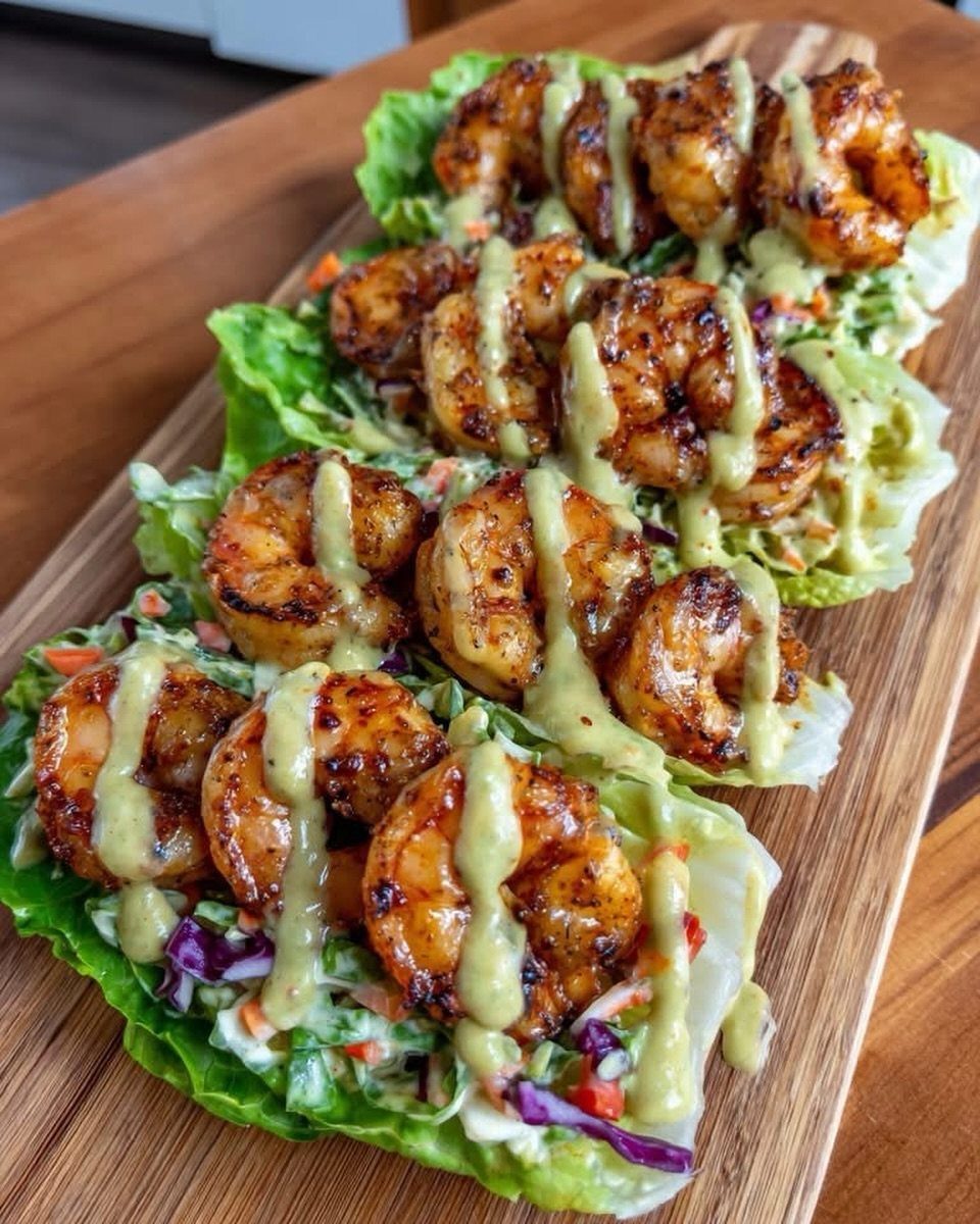 Grilled shrimp with green sauce on lettuce wraps with colorful vegetable slaw